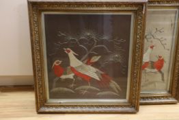 A pair of Japanese bird wool works in painted gilt frames