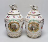 Two Dresden porcelain vases with bird decoration finials, and central horse scenes display, 30cm