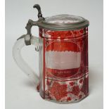 A 19th century Bohemian etched ruby glass pewter mounted tankard