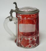 A 19th century Bohemian etched ruby glass pewter mounted tankard
