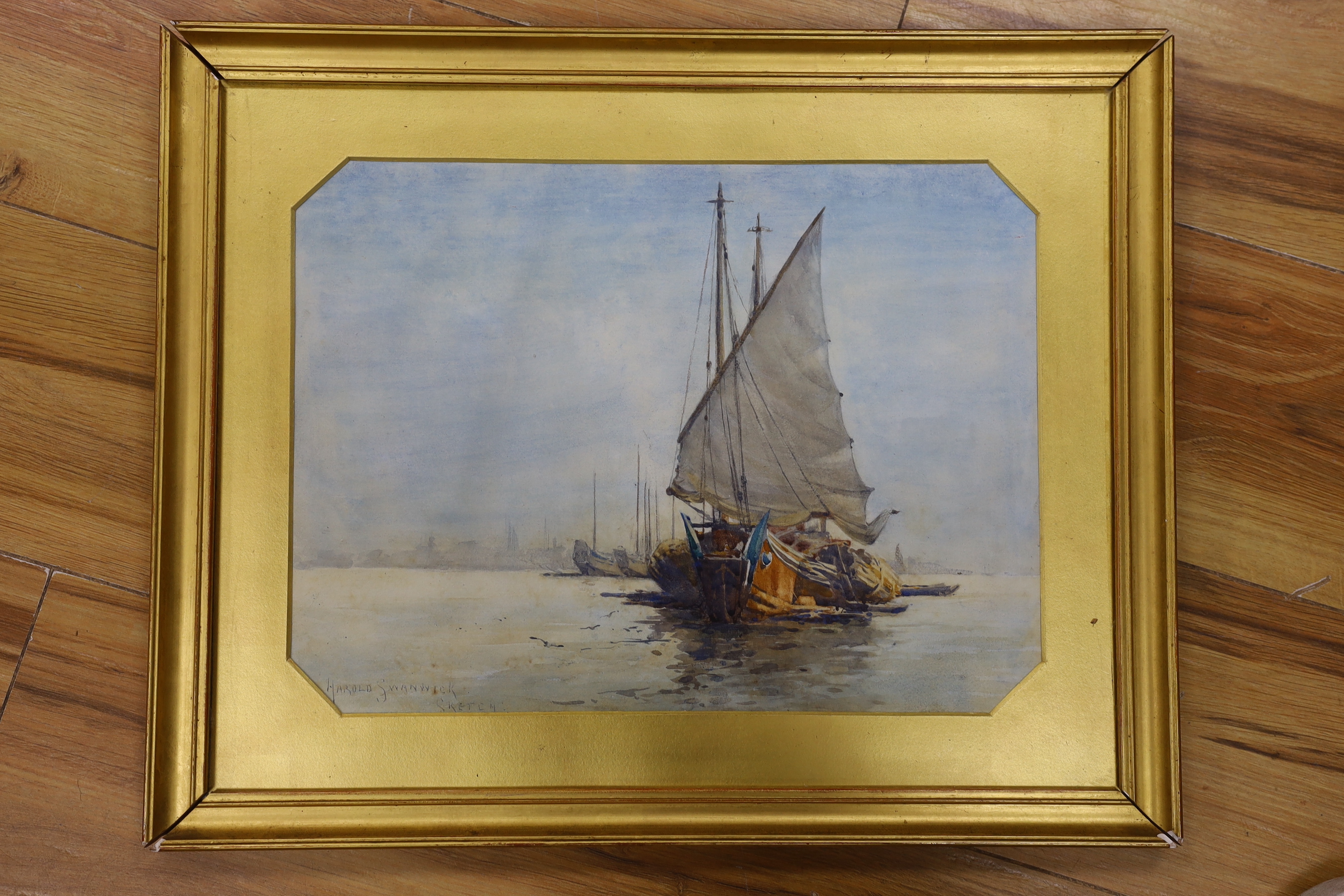 Harold Swanwick (1866-1929), watercolour, Fishing boats at anchor, signed, 26 x 35cm - Image 2 of 3