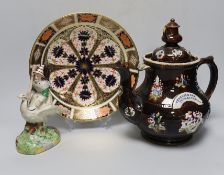 A Measham Bargeware teapot, a Derby Imari 1128 dish and an unusual Victorian Staffordshire group