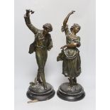 A pair of late 19th century spelter ‘dancing’ figures, tallest 49cm