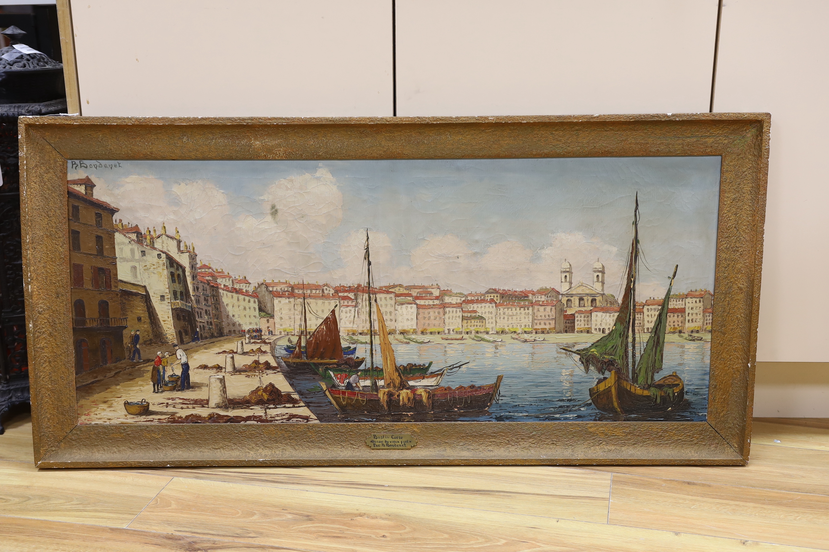 René Bondenet, oil on canvas, 'Bastia Corse, a corner of the old port', signed, 44 x 104cm - Image 2 of 4