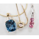 Three assorted modern 9ct gold and gem set pendant necklaces, including blue topaz and diamond chip,