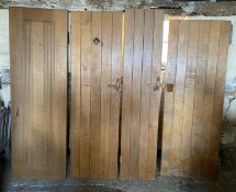Three solid oak ledged and braced doors, 210 x 58.5cm; 204 x 44.5cm and 95 x 72cm, and a double