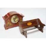 A French chinoiserie mantel clock by Mappin, and an Edwardian inlaid book trough, 25cm