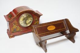A French chinoiserie mantel clock by Mappin, and an Edwardian inlaid book trough, 25cm