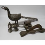 An Indian bronze horse and wagon (lacking one axle), an Indian bronze betel nut cutter and Indian