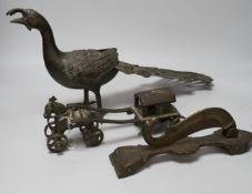 An Indian bronze horse and wagon (lacking one axle), an Indian bronze betel nut cutter and Indian