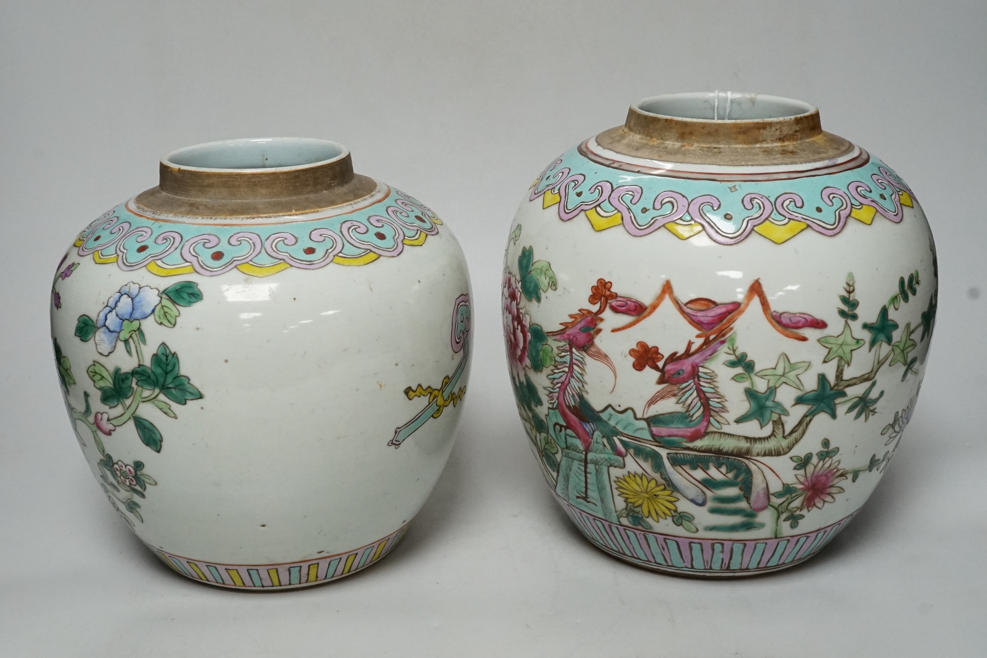 Two graduated 19th century Chinese famille rose ‘phoenix and peony’ ovoid jars, tallest 22cm - Image 2 of 6