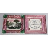 Two Sunderland pink lustre wall plaques, c. 1840, 22cm wide, 19.5cm high