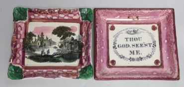 Two Sunderland pink lustre wall plaques, c. 1840, 22cm wide, 19.5cm high