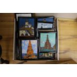 Russian School, set of twelve oils on board, Views of historic buildings, 18 x 15cm