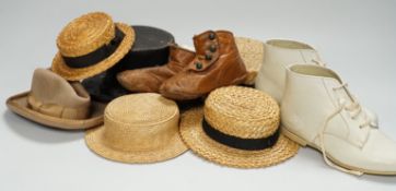 A collection of eleven bear size vintage hats, straw and felt, and a pair of miniature boxing
