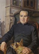 Ernest Chanonat (French, 1907-1995), oil on canvas, Portrait of a curate seated with his dog, signed