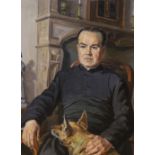 Ernest Chanonat (French, 1907-1995), oil on canvas, Portrait of a curate seated with his dog, signed