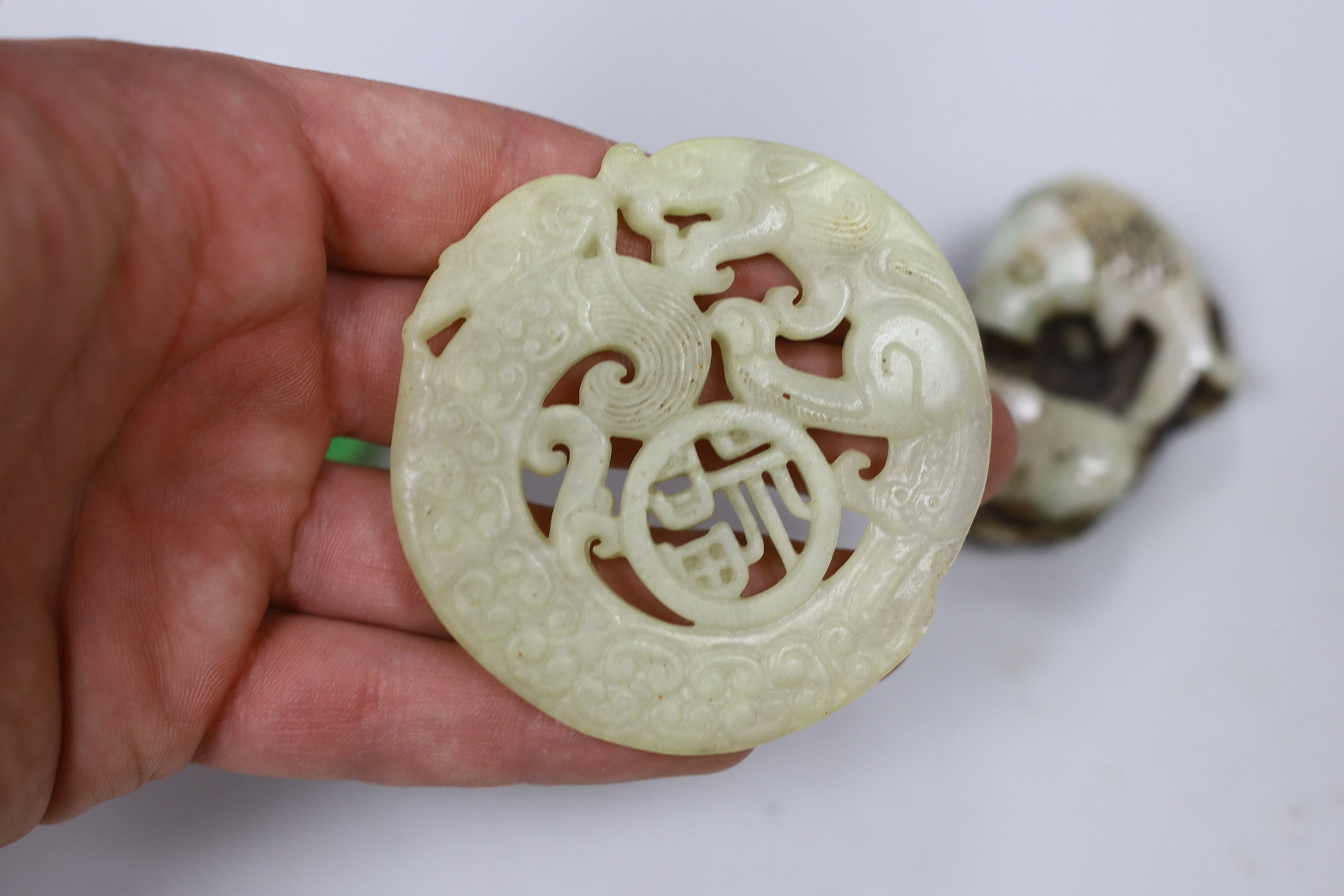 A Chinese hardstone carved roundel, a ring and a fish panel, roundabout 7cm diameter - Image 3 of 3