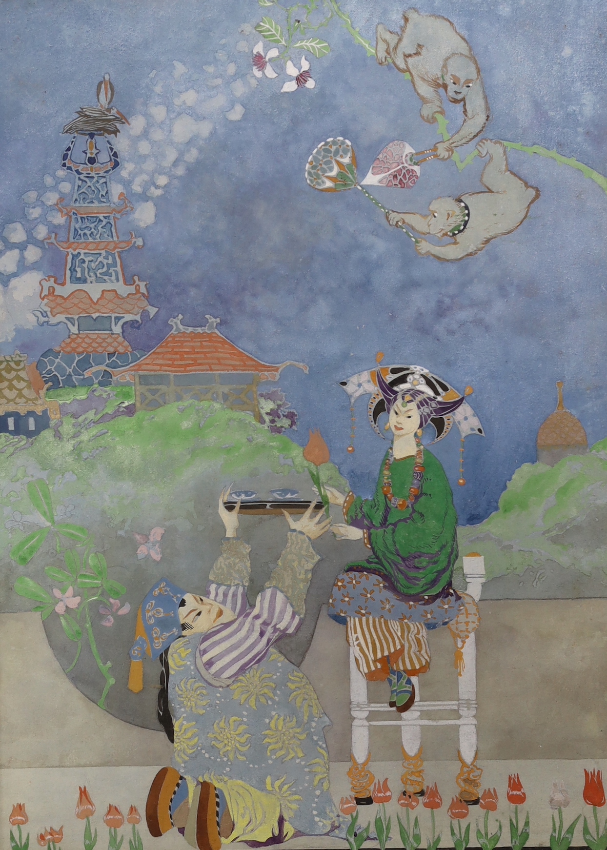 English School c.1910, watercolour and gouache, Chinoiserie figures and pagoda, 35 x 25.5cm