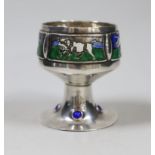 An Edwardian Arts and Crafts silver and enamel chalice, overstamped maker's mark, London, 1902,