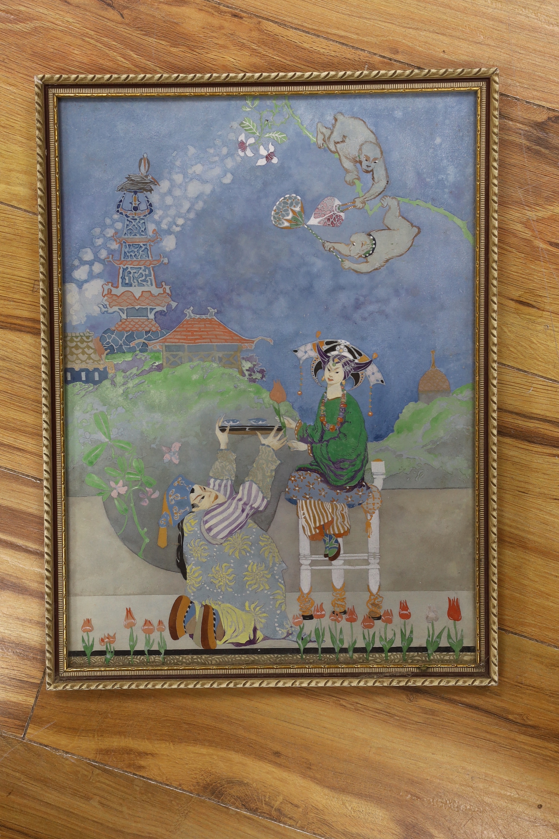 English School c.1910, watercolour and gouache, Chinoiserie figures and pagoda, 35 x 25.5cm - Image 2 of 2