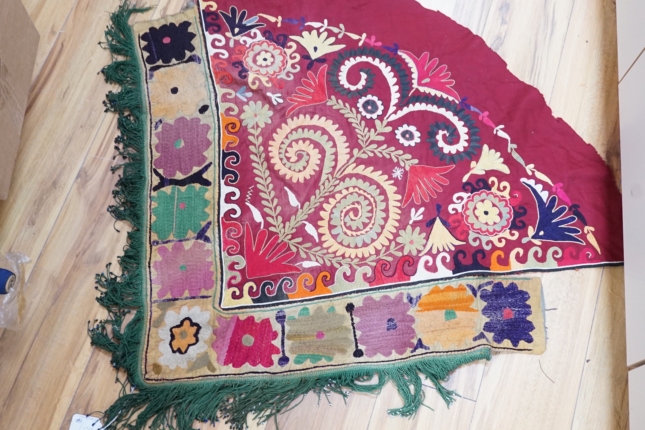 A late 19th/early 20th century Uzbek (Ladak tribe) corner of a multi-coloured embroidered hanging, - Image 5 of 6