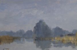 Edward Wesson RI, RSMA (1910-1983), oil on board, 'Calm day at Burton Pond, near Pulborough',