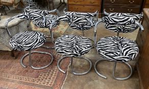A set of six Cobra chairs, 1960s by Giotto Stoppinio, with faux zebra upholstery, width 58cm, height