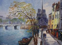 Georges Guerin (French, b.1910), oil on canvas, View along the Seine towards Notre Dame, signed,