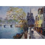 Georges Guerin (French, b.1910), oil on canvas, View along the Seine towards Notre Dame, signed,