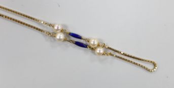 A mid to late 20th century Italian Uno-A-Erre 750 yellow metal, cultured pearl and blue enamelled