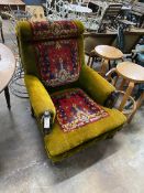 A late Victorian carpet upholstered armchair, bears Dublin maker's plaque, width 78cm, depth 90cm,