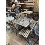 A square slatted teak and wrought iron folding garden table, width 80cm, height 73cm, and six