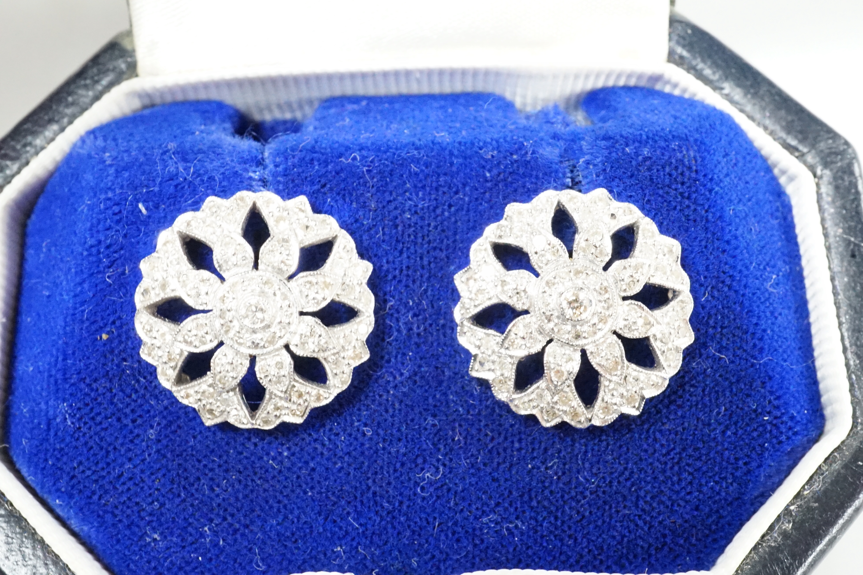 A pair of pierced white metal and diamond set circular cluster earrings, diameter 17mm, with 925 - Image 2 of 2