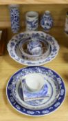 A Meissen style onion-pattern dish, Chinese ceramics and three Delft tiles