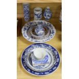 A Meissen style onion-pattern dish, Chinese ceramics and three Delft tiles