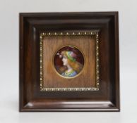 Clement Limoges: An Arts and Crafts enamelled circular plaque, of pre-Raphaelite girl, framed,