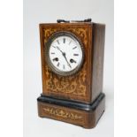 A 19th century French rosewood and marquetry mantel clock, 23cm tall