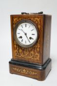 A 19th century French rosewood and marquetry mantel clock, 23cm tall