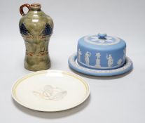 A Wedgwood blue jasper stilton dish and cover, a Royal Doulton Art Nouveau flagon and a Susie Cooper