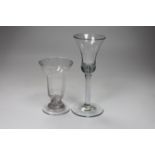 A George II wine glass, bell bowl with air-tear, and a George II syllabub glass, tallest 16cm