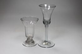 A George II wine glass, bell bowl with air-tear, and a George II syllabub glass, tallest 16cm