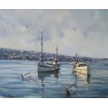 David Hyde (1947-), oil on canvas, Fishing boats in harbour, signed, 40 x 50cm