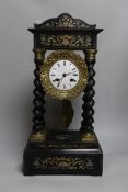A French Napoleon III ebonised and brass inlaid portico clock, 26.5cm wide, 53cm high