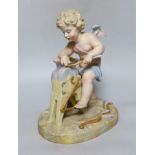 A continental bisque porcelain figure group, Cupid at work, 27cm