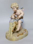 A continental bisque porcelain figure group, Cupid at work, 27cm