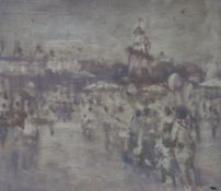 Tony Merrick, oil on fabric laid on board, 'Barnes Fair', signed and inscribed verso, 26 x 31cm,