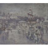 Tony Merrick, oil on fabric laid on board, 'Barnes Fair', signed and inscribed verso, 26 x 31cm,