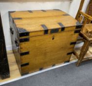 A Victorian iron bound oak silver chest, the plaque engraved F. Gillham, width 80cm, depth 59cm,