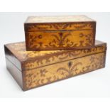 A Victorian maple and rosewood inlaid writing box, and matching workbox, 40cm wide